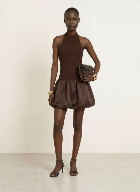 ROTATE Cocktail dress in a mix of fabrics DARK BROWN