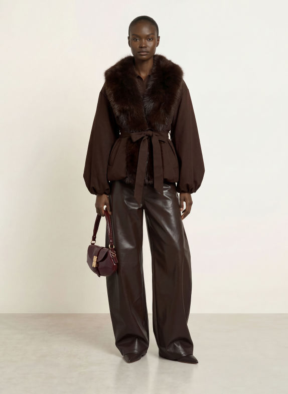 ROTATE Jacket with faux fur DARK BROWN