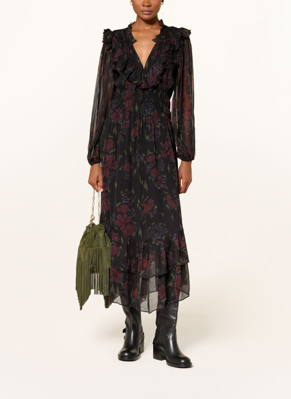 ba&sh Kleid DOVA mit Rüschen SCHWARZ / DUNKELROT / GRÜN