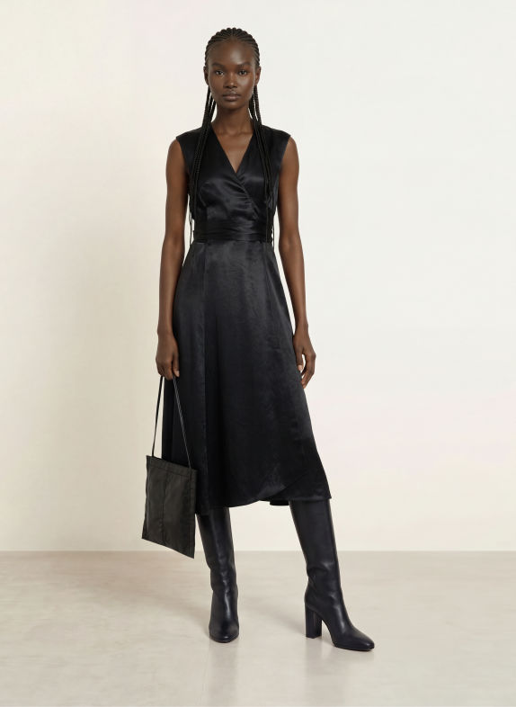 ALLSAINTS Robe portefeuille JEANNE en satin NOIR