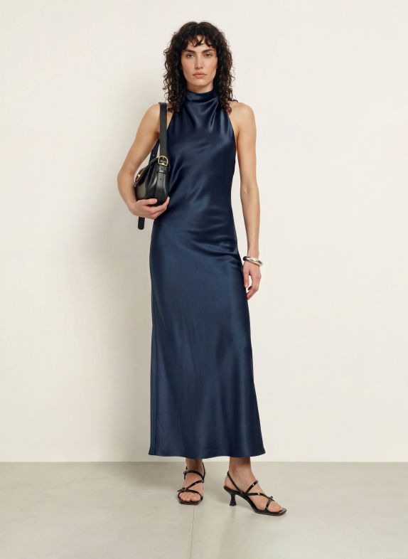 SERENITY DENIZ Satin Dress, made of silk DARK BLUE