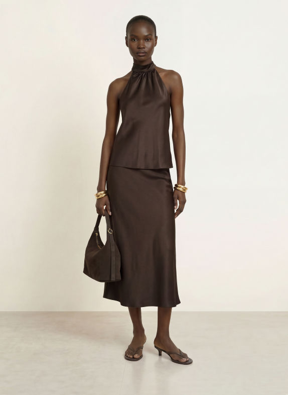 SERENITY AMORE Satin Top, made of silk DARK BROWN