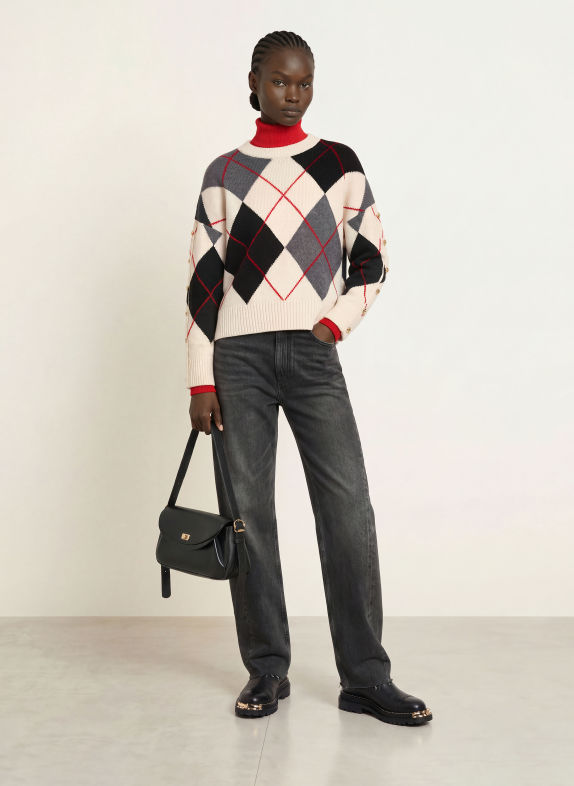 SANDRO Pullover SCHWARZ / ECRU / ROT