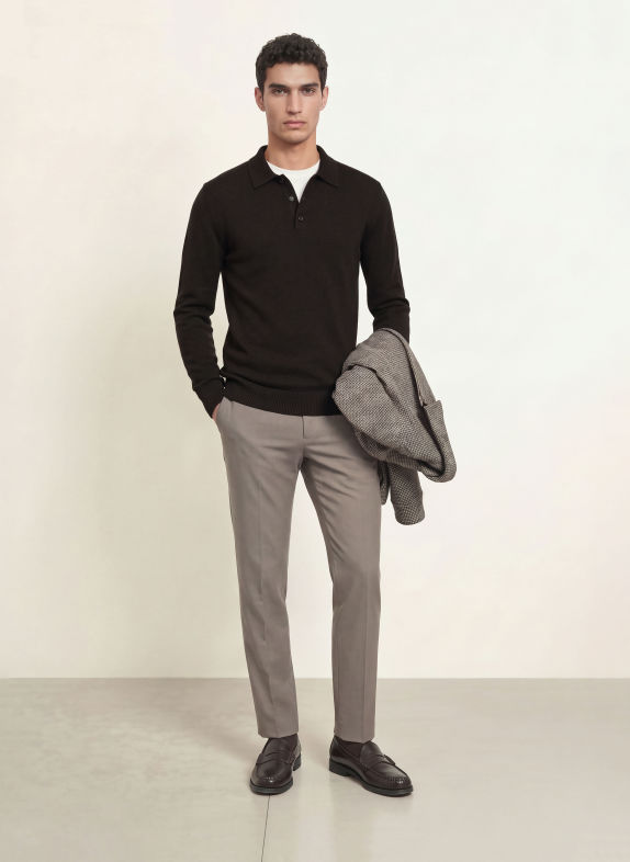 REISS Strick-Poloshirt DAUNTON aus Cashmere DUNKELBRAUN