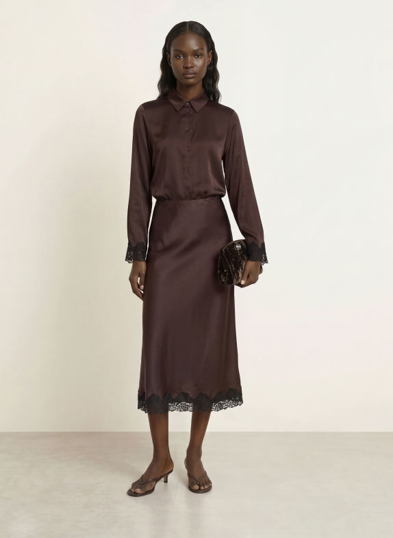 rosemunde Chemisier SABRINA en satin avec dentelle MARRON FONCÉ / NOIR