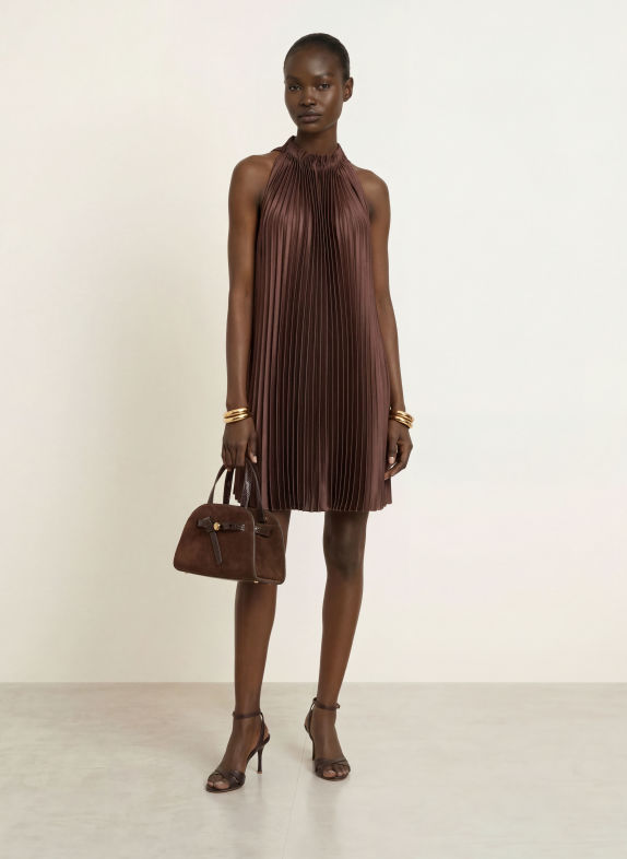 REISS ASTRID Pleated Dress DARK BROWN