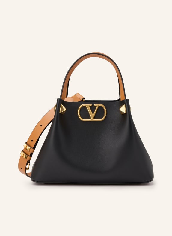 VALENTINO GARAVANI Handtasche VLOGO SIGNATURE SMALL mit Nieten SCHWARZ / GOLD / COGNAC
