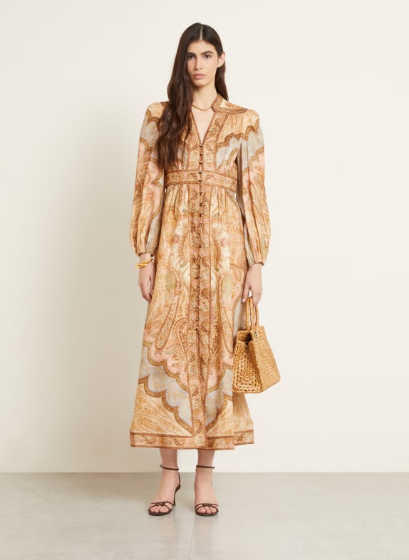ZIMMERMANN Robe en lin WANDERLUST BEIGE / ROUGE CLAIR / OLIVE