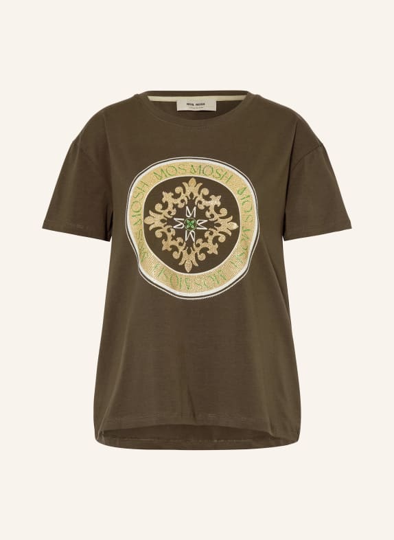 MOS MOSH Tričko MMJUDD s ozdobnými kameny TMAVĚ ZELENÁ / KHAKI / BÍLÁ