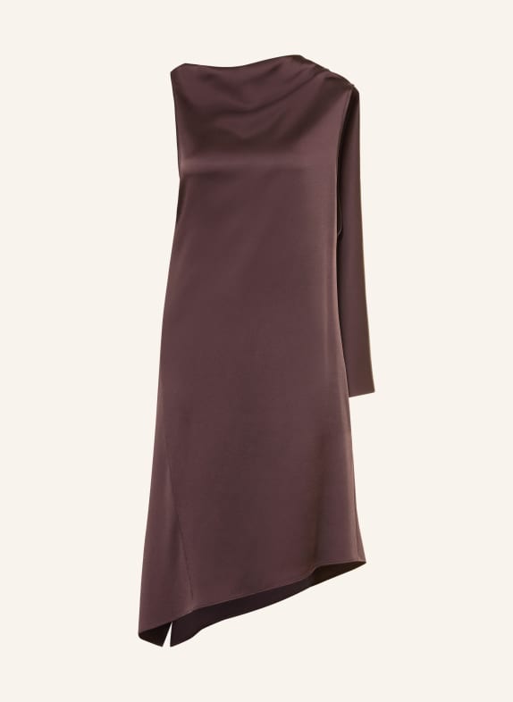 BOSS Saténové šaty DAVERSE s volány TMAVĚ HNĚDÁ