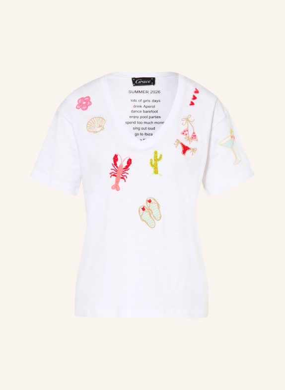 Grace T-Shirt mit Schmuckperlen WEISS / CAMEL / ROT