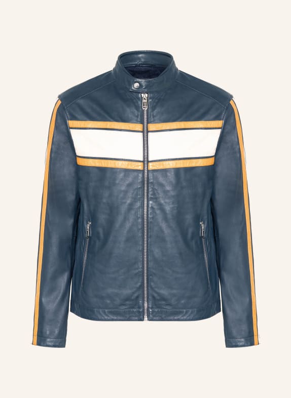 MILESTONE Kožená bunda MSLAMBERT TMAVĚ MODRÁ / KRÉMOVÁ / TMAVĚ ŽLUTÁ