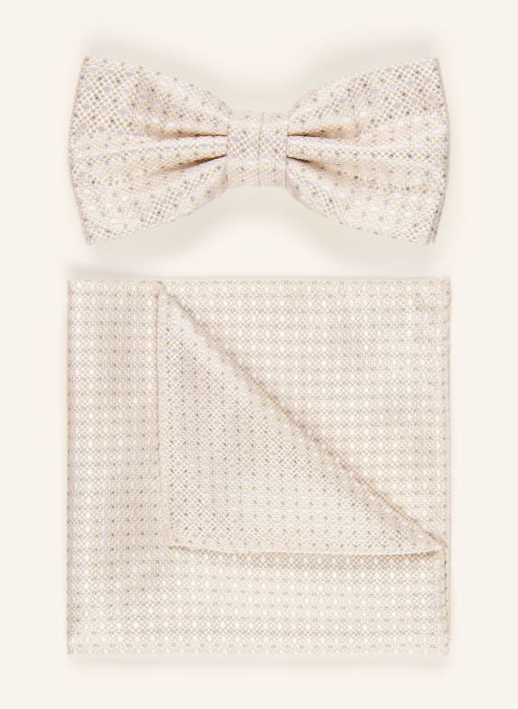 Prince BOWTIE Set: Fliege und Einstecktuch CREME / GRAU / WEISS