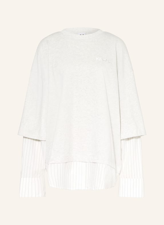 KARO KAUER Oversized tričko s dlouhým rukávem z kombinace materiálů SVĚTLE ŠEDÁ / BÍLÁ