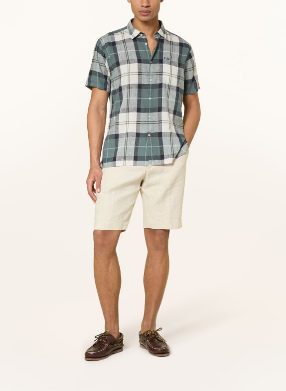 Barbour Korte mouwen CROFT Relaxed Fit overhemd met linnen PETROL / LICHTGRIJS / DONKERBLAUW