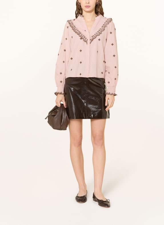 NEO NOIR Blouse DEGAS met ruches VIEUX ROSE / MARRON FONCÉ