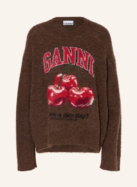 GANNI Oversized svetr s alpakou TMAVĚ HNĚDÁ / ČERVENÁ