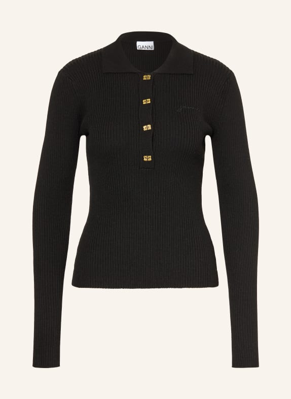 GANNI Knitted polo shirt with sequins BLACK