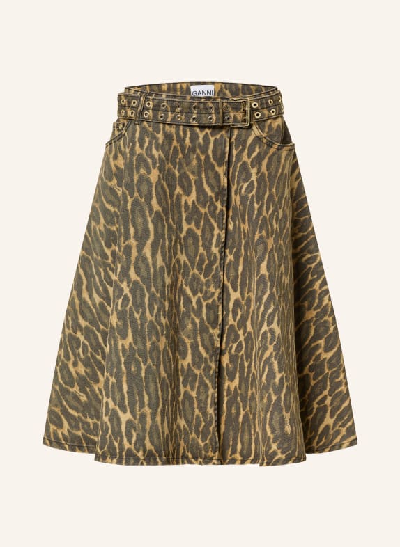 GANNI Džínová sukně s překříženým střihem TMAVĚ HNĚDÁ / TMAVĚ ŽLUTÁ / KHAKI