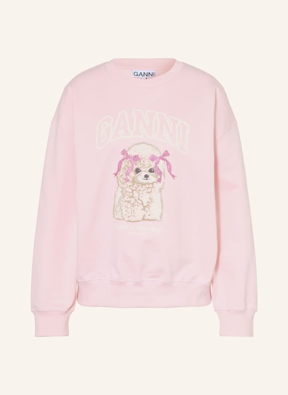 GANNI Sweatshirt with rhinestones LIGHT PINK / WHITE