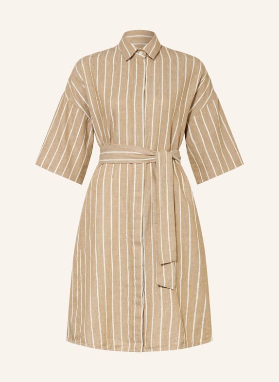 0039 ITALY Lněné šaty s 3/4 rukávy BÉŽOVÁ / ZLATÁ / BÍLÁ