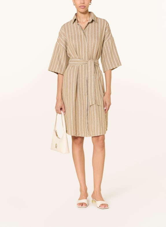 0039 ITALY Lněné šaty s 3/4 rukávy BÉŽOVÁ / ZLATÁ / BÍLÁ