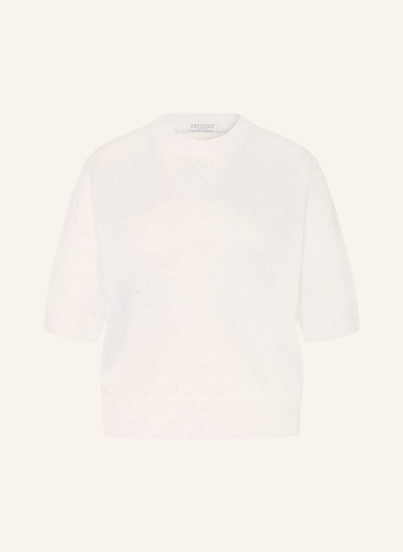 BRUNELLO CUCINELLI Pletené tričko z lnu s flitry BÍLÁ / STŘÍBRNÁ