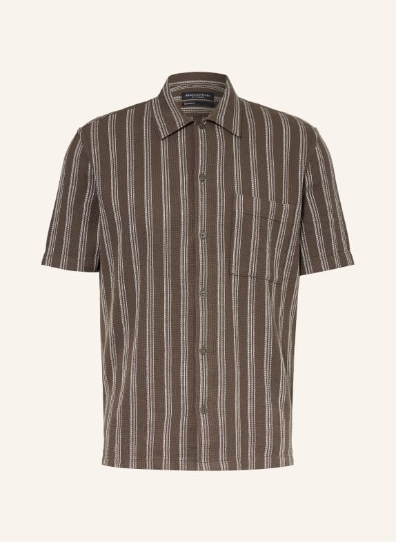 Marc O'Polo Chemise à manches courtes coupe classique MARRON FONCÉ / BLANC
