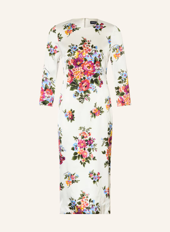 DOLCE & GABBANA Satijnen jurk met 3/4-mouwen WIT / ROOD / DONKERGROEN