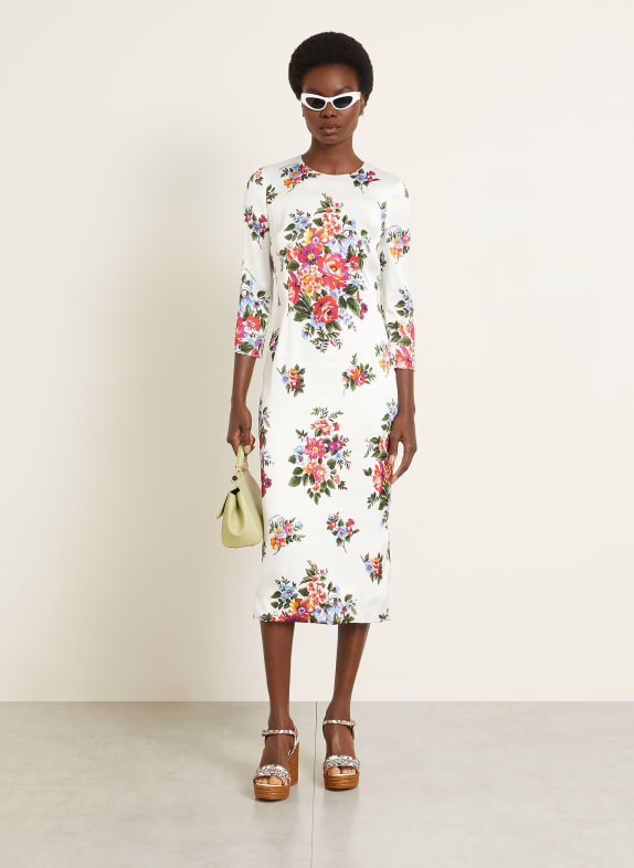 DOLCE & GABBANA Satinkleid mit 3/4-Arm WEISS / ROT / DUNKELGRÜN