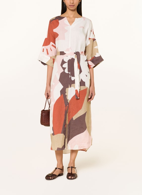 KnowledgeCotton Apparel Leinenkleid mit 3/4-Arm CREME / BRAUN / ROT