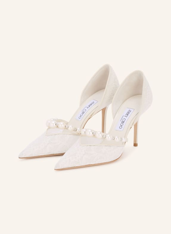 JIMMY CHOO Pumps AURELIE 85 mit Schmuckperlen und Spitze WEISS / CREME