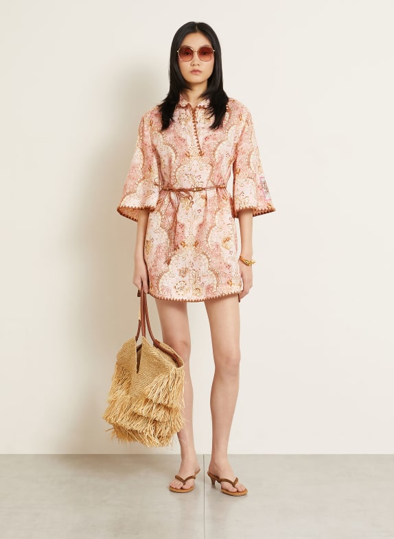 ZIMMERMANN Strandkleid DAYLIGHT aus Leinen mit 3/4-Arm ROSÉ / HELLBRAUN / BRAUN