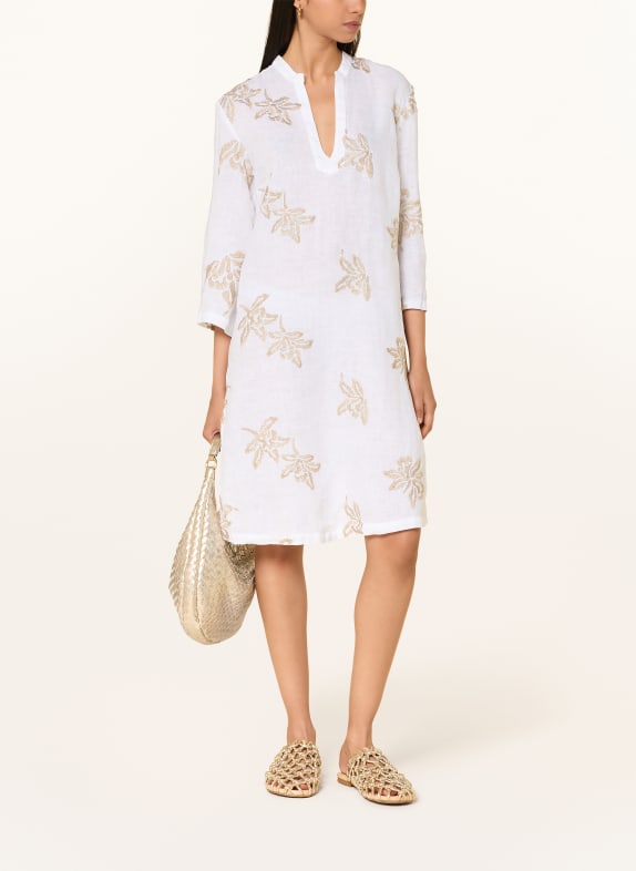 120%lino Strandkleid aus Leinen mit 3/4-Arm WEISS / GOLD