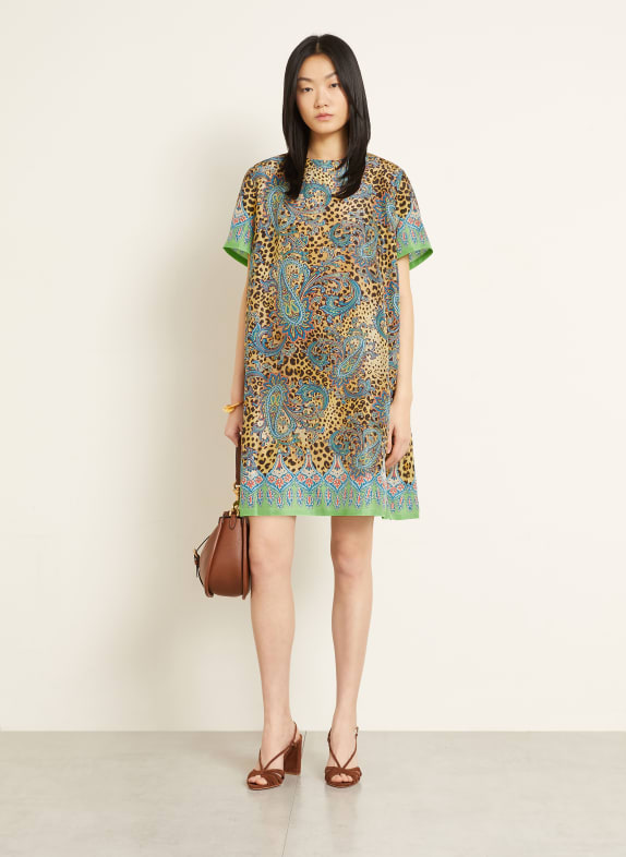 ETRO Seidenkleid BEIGE / PETROL / SCHWARZ