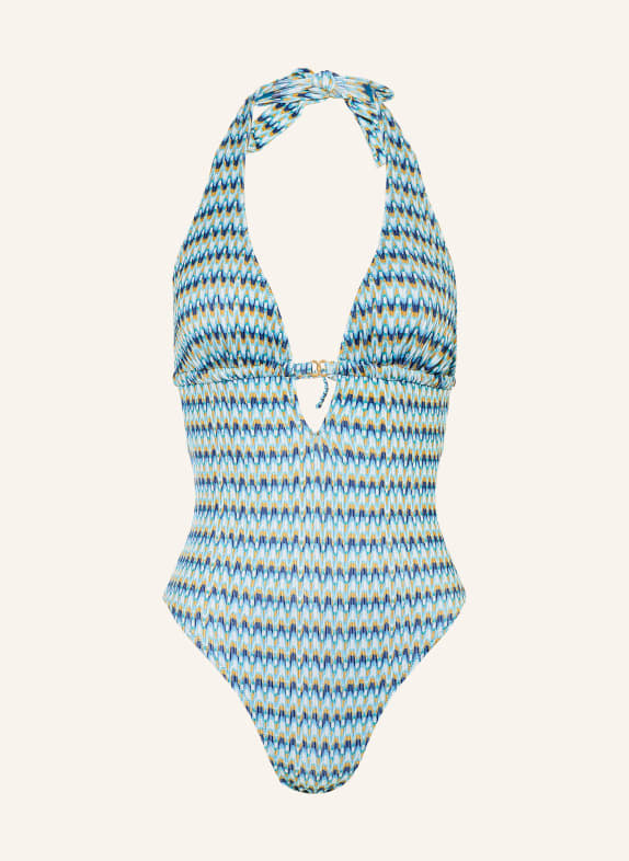 BANANA MOON COUTURE Strój kąpielowy MIRAGE NEREA z wiązaniem na szyi i błyszczącą nicią NIEBIESKI / JASNONIEBIESKI / BIAŁY