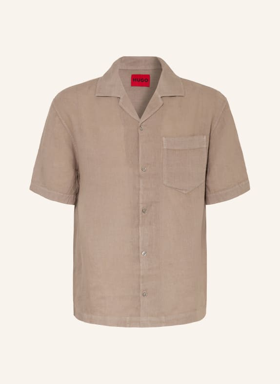 HUGO Koszula wypoczynkowa EXOLINO Comfort Fit z lnu SZAROBRĄZOWY
