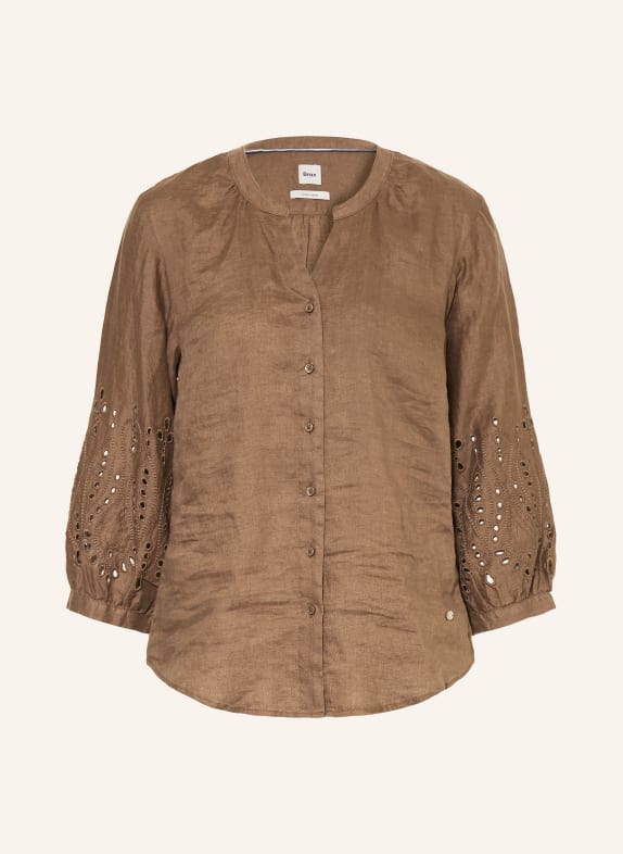 BRAX Linnen blouse VELIA met opengewerkte kant BRUIN