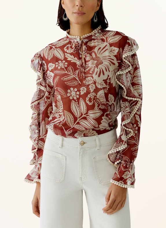 oui Blouse met ruches DONKERROOD / WIT