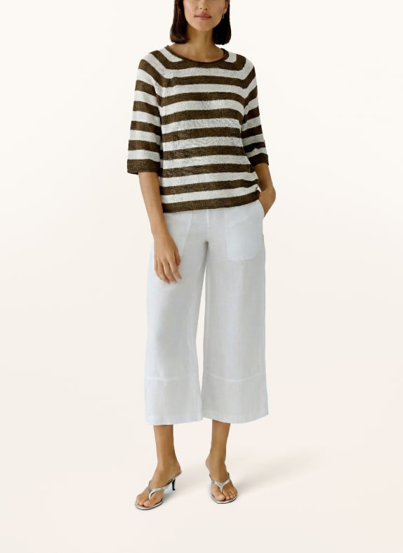 oui Strickshirt aus Leinen mit 3/4-Arm DUNKELBRAUN / WEISS