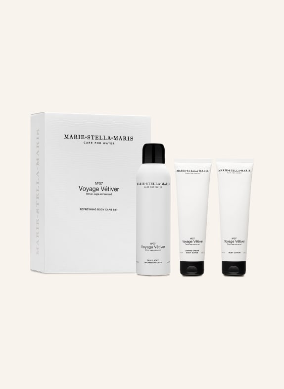 MARIE-STELLA-MARIS 3-piece VOYAGE VÉTIVER body care set: shower mousse, body pearl, and body lotion WHITE