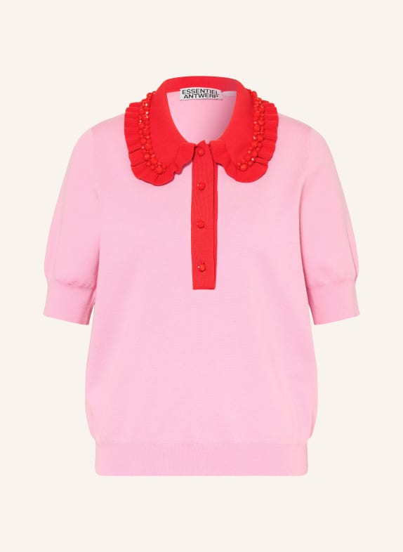 ESSENTIEL ANTWERP Polo en maille JEWELRY avec pierres précieuses et volants ROSE FUCHSIA / ROUGE