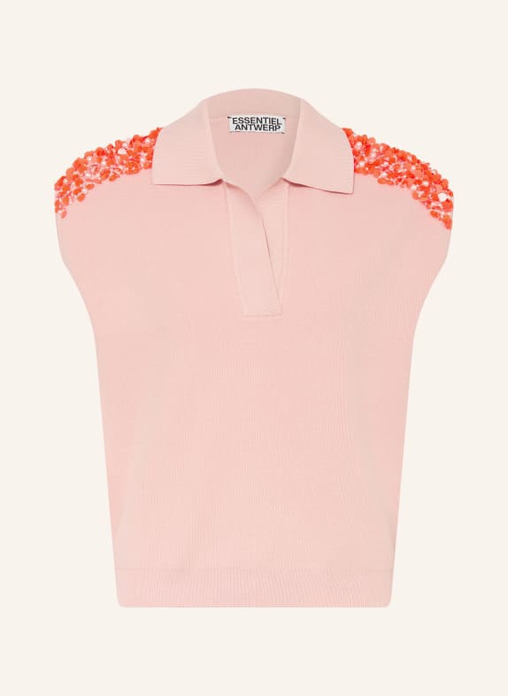 ESSENTIEL ANTWERP Strick-Poloshirt JOLINE mit Pailletten und Schmucksteinen ROSÉ / NEONORANGE