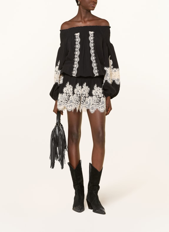MISS JUNE LAUREL off-shoulder dress with lace BLACK / ECRU