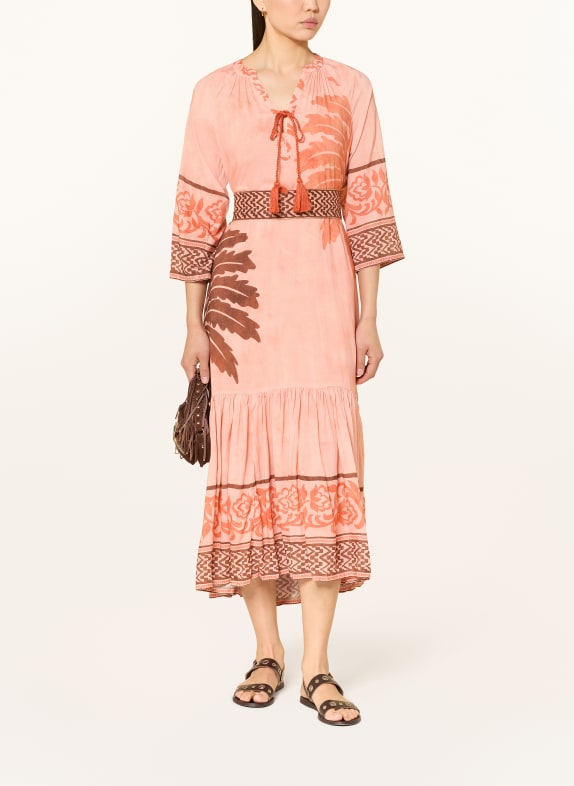 MISS JUNE Kleid AIDA PALME mit 3/4-Arm LACHS / BRAUN / DUNKELORANGE