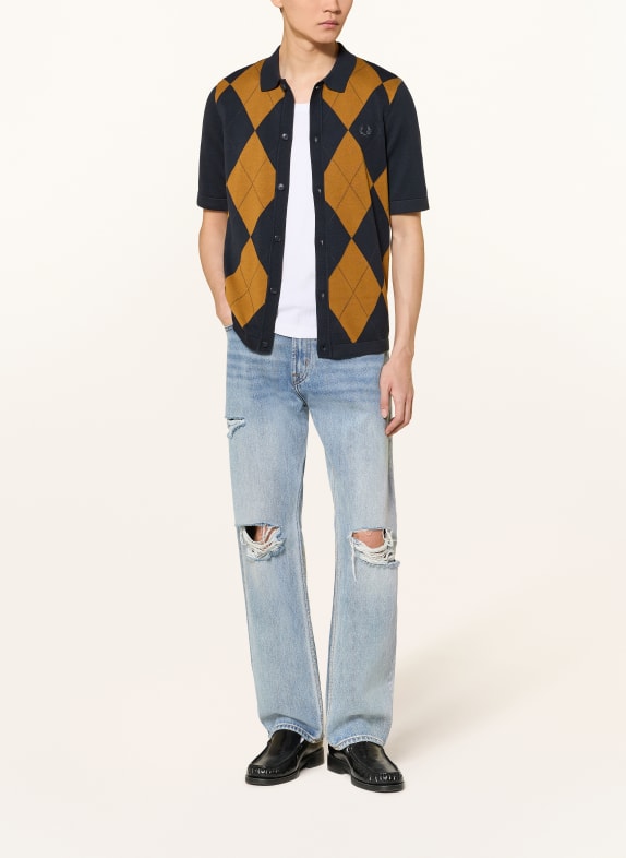 FRED PERRY Gebreid overhemd Slim Fit DONKERBLAUW / COGNAC