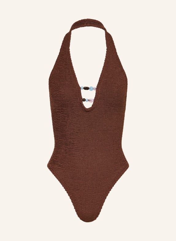 Hunza G Maillot de bain dos nu ADIRANA avec perles décoratives MARRON / ROSE CLAIR / BLEU CLAIR