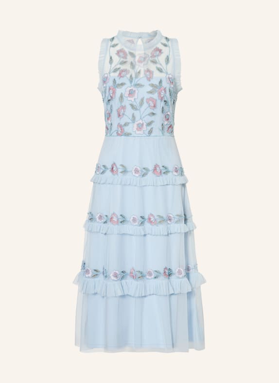 ADRIANNA PAPELL Cocktailkleid mit Rüschen und Schmuckperlen HELLBLAU / ROSA / HELLGRÜN