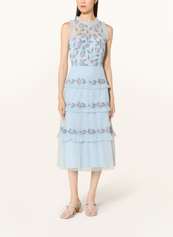 ADRIANNA PAPELL Cocktailkleid mit Rüschen und Schmuckperlen HELLBLAU / ROSA / HELLGRÜN