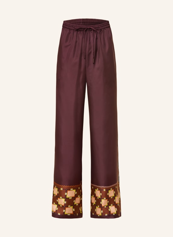 ALÉMAIS WILSON silk wide-leg pants DARK RED / BROWN / NEON GREEN